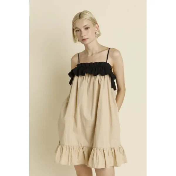 Aureum Color Block Ruffle Baby Doll Dress Tan