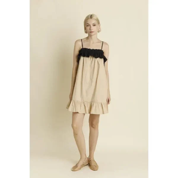 Aureum Color Block Ruffle Baby Doll Dress Tan