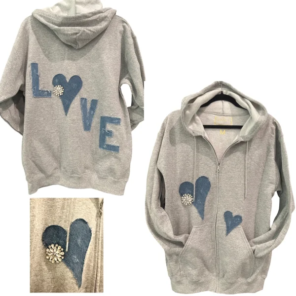 Suzy T Crystal & Vintage Denim Heart Hoodie