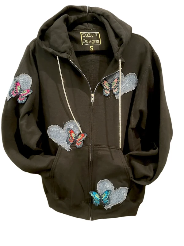 Suzy T Vintage Denim Heart & Butterfly Hoodie