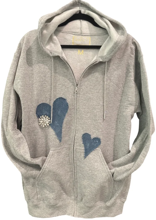 Suzy T Crystal & Vintage Denim Heart Hoodie