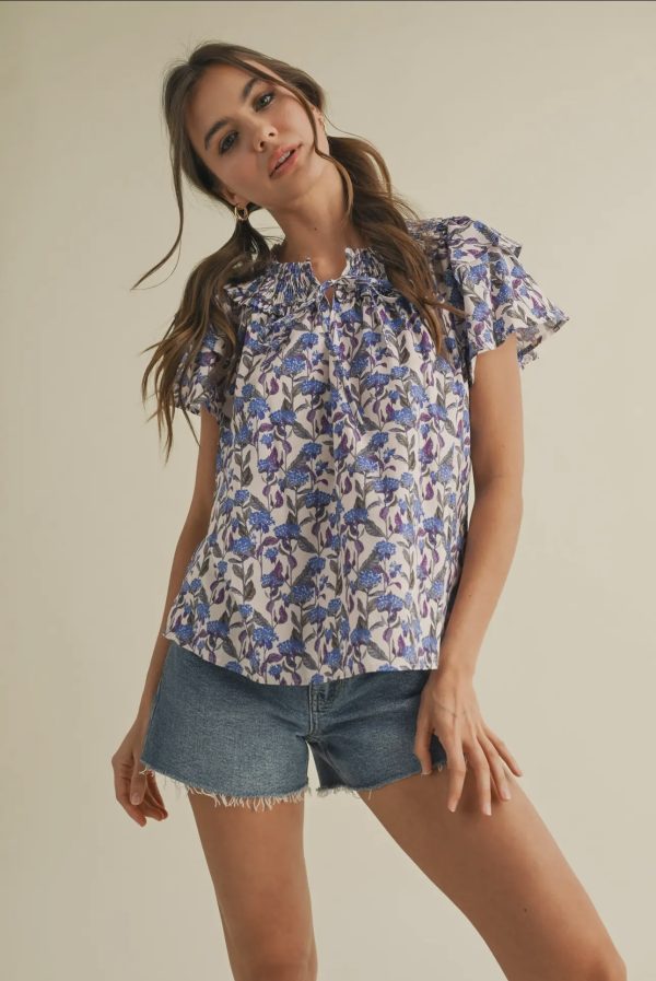 &Merci Purple & Blue Floral Smocked Top