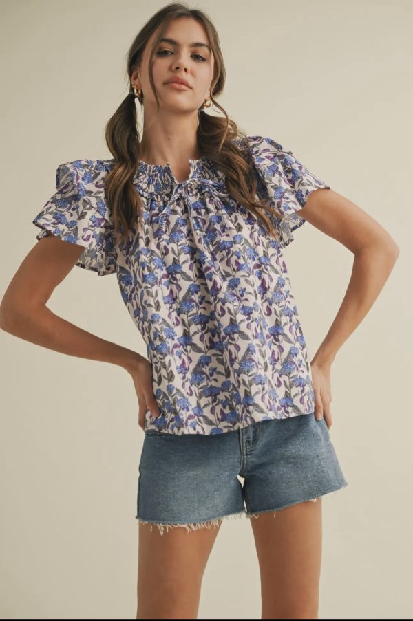 &Merci Purple & Blue Floral Smocked Top