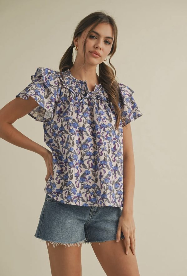 &Merci Purple & Blue Floral Smocked Top