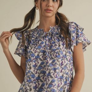 &Merci Purple & Blue Floral Smocked Top