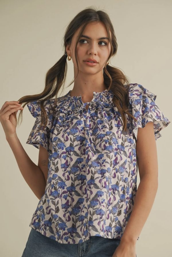 &Merci Purple & Blue Floral Smocked Top