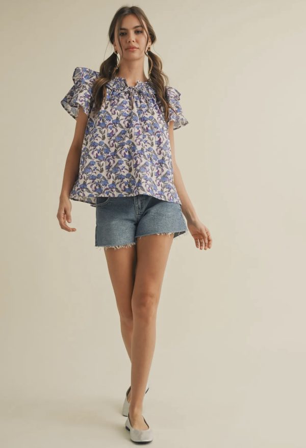 &Merci Purple & Blue Floral Smocked Top