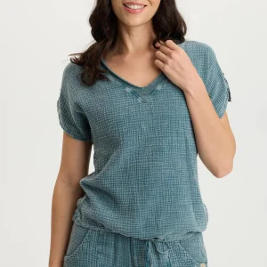 XCVI Bower Tideworn Gauze & Jersey V-Neck Tee